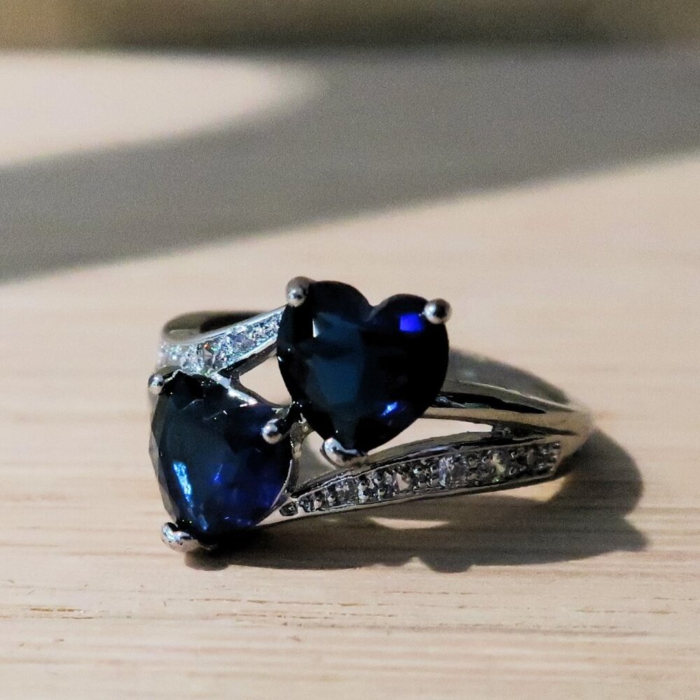925 Sterling Silver Stamp Double Blue Hearts Romantic Love You Band Ring Unisex